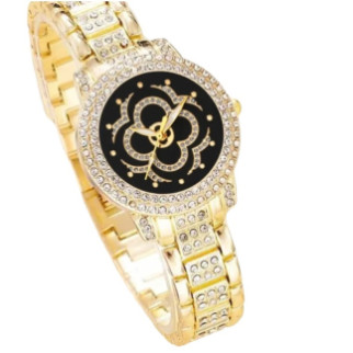 Жіночий кварцовий наручний годинник золотистий на чорному циферблаті конюшина чотирилистий сталевий ремінець - Інтернет-магазин спільних покупок ToGether