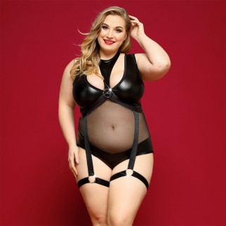 Елегантне боді з екошкіри JSY «Спокуслива Морган» Plus Size, Black, сітка, портупея з гартерами - Інтернет-магазин спільних покупок ToGether