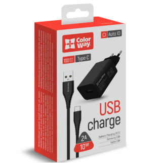 Зарядний пристрій мережевий USB + кабель Type-C 2,4A 10W чорний ColorWay CW-CHS012CC-BK - Інтернет-магазин спільних покупок ToGether