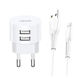 Зарядний пристрій мережевий 2USB + кабель Lightning 2,1А білий Usams XTXLOGT1804 - Інтернет-магазин спільних покупок ToGether