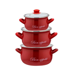 Набір каструль 3 предмети Bon appetit глибокі скляна кришка емальовані червоний 2234 С Interos - Інтернет-магазин спільних покупок ToGether