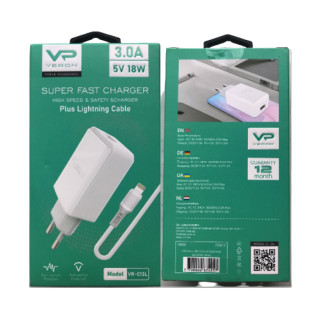 Зарядний пристрій мережевий USB + кабель Lightning 3,0A 18W білий Veron VR-C13Q - Інтернет-магазин спільних покупок ToGether