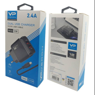 Зарядний пристрій мережевий 2USB + кабель MicroUSB 2,4A чорний Veron VR-C12M - Інтернет-магазин спільних покупок ToGether
