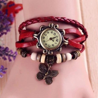 Годинник на червоному шкіряному браслеті - Інтернет-магазин спільних покупок ToGether