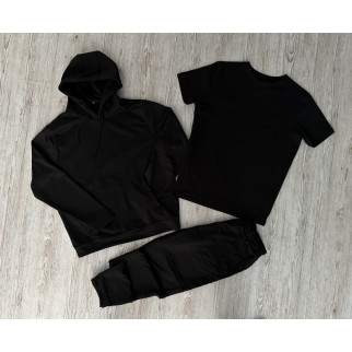 Комплект 3 в 1  Демісезонний базовий спортивний костюм чорний худі + чорні штани (двонитка) + Футболка базова однотонна чорна - Інтернет-магазин спільних покупок ToGether