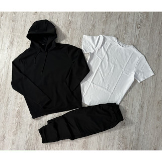 Комплект 3 в 1 Демісезонний базовий спортивний костюм чорний худі + чорні штани (двонитка) + Футболка базова однотонна біла  - Інтернет-магазин спільних покупок ToGether