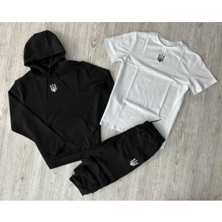 Комплект 3 в 1 Демісезонний спортивний костюм Герб чорний худі + чорні штани (двонитка) + Футболка біла Герб - Інтернет-магазин спільних покупок ToGether