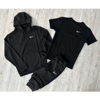 Комплект 3 в 1 Демісезонний спортивний костюм Nike чорний худі + чорні штани (двонитка) + Футболка чорна Nike - Інтернет-магазин спільних покупок ToGether