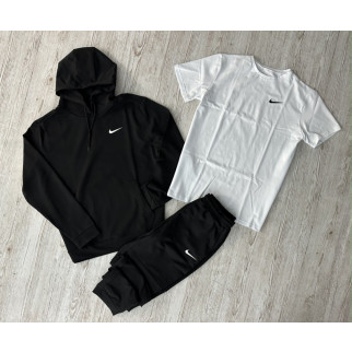 Комплект 3 в 1 Демісезонний спортивний костюм Nike чорний худі + чорні штани (двонитка) + Футболка біла Nike - Інтернет-магазин спільних покупок ToGether