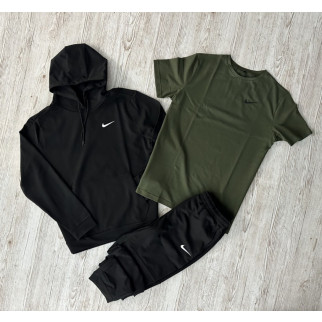 Комплект 3 в 1 Демісезонний спортивний костюм Nike чорний худі + чорні штани (двонитка) + Футболка хакі Nike - Інтернет-магазин спільних покупок ToGether