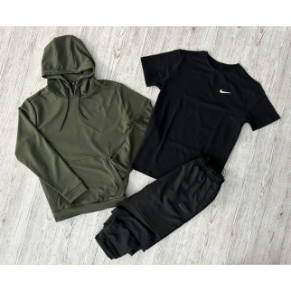 Комплект 3 в 1 Демісезонний спортивний костюм Nike худі хакі + чорні штани (двонитка) + Футболка чорна Nike - Інтернет-магазин спільних покупок ToGether