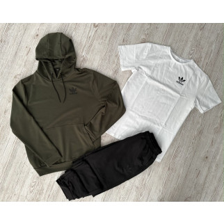 Комплект 3 в 1 Демісезонний спортивний костюм Adidas худі хакі + чорні штани (двонитка) + Футболка біла Adidas - Інтернет-магазин спільних покупок ToGether