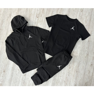 Комплект 3 в 1 Демісезонний спортивний костюм Jordan чорний худі + чорні штани (двонитка) + Футболка чорна Jordan - Інтернет-магазин спільних покупок ToGether