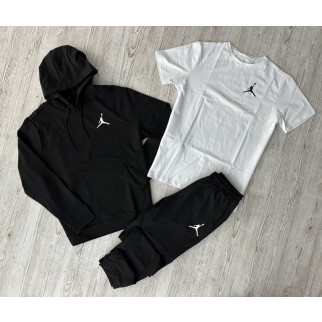 Комплект 3 в 1 Демісезонний спортивний костюм Jordan чорний худі + чорні штани (двонитка) + Футболка біла Jordan - Інтернет-магазин спільних покупок ToGether