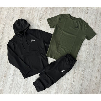 Комплект 3 в 1 Демісезонний спортивний костюм Jordan чорний худі + чорні штани (двонитка) + Футболка хакі Jordan - Інтернет-магазин спільних покупок ToGether