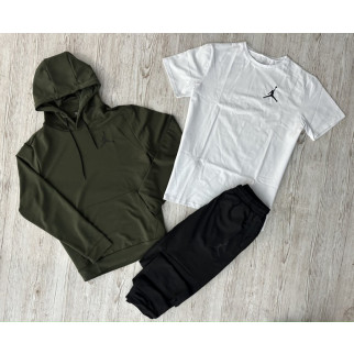 Комплект 3 в 1 Демісезонний спортивний костюм Jordan худі хакі + чорні штани (двонитка) + Футболка біла Jordan - Інтернет-магазин спільних покупок ToGether