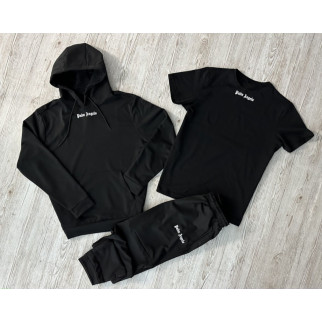 Комплект 3 в 1 Демісезонний спортивний костюм Palm Angels чорний худі + чорні штани (двонитка) + Футболка чорна Palm Angels - Інтернет-магазин спільних покупок ToGether