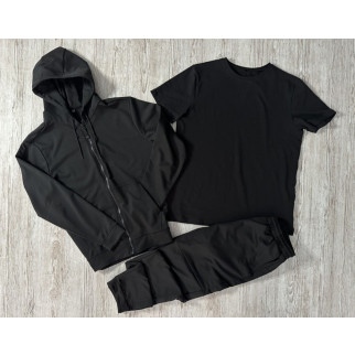 Комплект 3 в 1 Демісезонний спортивний костюм чорна кофта на змійці + чорні штани (двонитка) + Футболка однотонна чорна - Інтернет-магазин спільних покупок ToGether