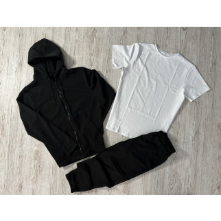 Комплект 3 в 1 Демісезонний спортивний костюм чорна кофта на змійці + чорні штани (двонитка) + Футболка однотонна біла - Інтернет-магазин спільних покупок ToGether