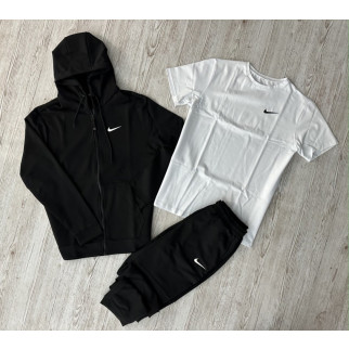 Комплект 3 в 1 Демісезонний спортивний костюм Nike чорна кофта на змійці + чорні штани (двонитка) + Футболка біла Nike - Інтернет-магазин спільних покупок ToGether