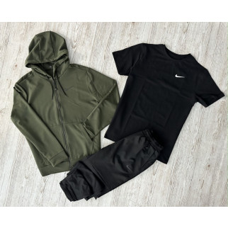 Комплект 3 в 1 Демісезонний спортивний костюм Nike кофта на змійці хакі + чорні штани (двонитка) + Футболка чорна Nike - Інтернет-магазин спільних покупок ToGether