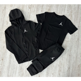 Комплект 3 в 1 Демісезонний спортивний костюм Jordan чорна кофта на змійці + чорні штани (двонитка) + Футболка чорна Jordan - Інтернет-магазин спільних покупок ToGether
