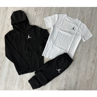 Комплект 3 в 1 Демісезонний спортивний костюм Jordan чорна кофта на змійці + чорні штани (двонитка) + Футболка біла Jordan - Інтернет-магазин спільних покупок ToGether