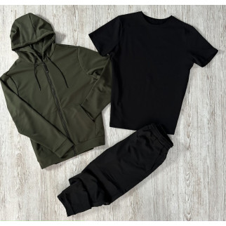 Комплект 3 в 1 демісезонний базовий спортивний костюм кофта на змійці хакі + чорні штани (двонитка) + футболка чорна - Інтернет-магазин спільних покупок ToGether