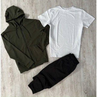 Комплект 3 в 1 демісезонний базовий спортивний костюм кофта на змійці хакі + чорні штани (двонитка) + футболка біла - Інтернет-магазин спільних покупок ToGether