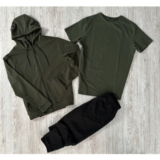 Комплект 3 в 1 демісезонний базовий спортивний костюм кофта на змійці хакі + чорні штани (двонитка) + футболка хакі - Інтернет-магазин спільних покупок ToGether