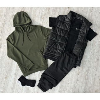 Комплект 5 в 1 Nike хакі худі + чорні штані + чорна жилетка + чорна футболка + 2 пари шкарпеток (чорні та білі) - Інтернет-магазин спільних покупок ToGether