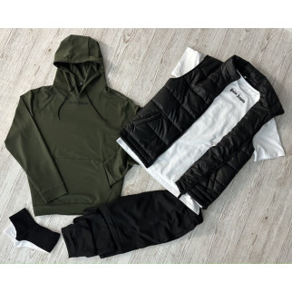 Комплект 5 в 1 Palm Angels хакі худі + чорні штані + чорна жилетка + біла футболка + 2 пари шкарпеток (чорні та білі) - Інтернет-магазин спільних покупок ToGether