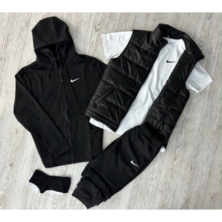 Комплект 5 в 1 Nike чорна кофта на змійці + чорні штані + чорна жилетка + біла футболка + 2 пари шкарпеток (чорні та білі) - Інтернет-магазин спільних покупок ToGether