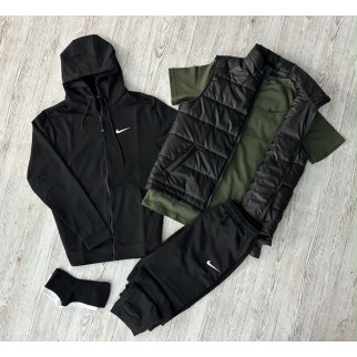 Комплект 5 в 1 Nike чорна кофта на змійці + чорні штані + чорна жилетка + хакі футболка + 2 пари шкарпеток (чорні та білі) - Інтернет-магазин спільних покупок ToGether