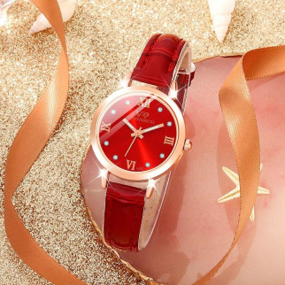 Жіночі кварцові наручні годинники золотисті на червоному циферблаті з фіанітами шкіряний червоний ремінець - Інтернет-магазин спільних покупок ToGether