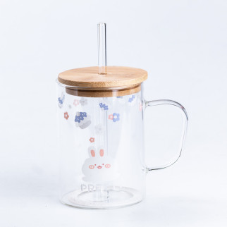 Чашка скляна 0.5 (л) з дерев'яною кришкою та трубочкою Орнамент - Інтернет-магазин спільних покупок ToGether