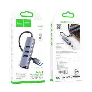 Хаб USB Hoco HB34 Easy link Gigabit Ethernet aдаптер (USB to USB3.0, 3+RJ45), USB концентратор, 155 мм, - Інтернет-магазин спільних покупок ToGether