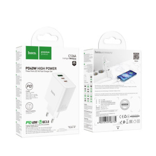 Мережевий Зарядний Пристрій Hoco C126A Pure PD+QC 40W(2C1A) Type C to Lightning, - Інтернет-магазин спільних покупок ToGether