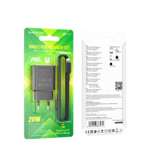 Мережевий зарядний пристрій Borofone BA71A Power PD20W Type-C to Lightning, адаптер живлення + кабель, - Інтернет-магазин спільних покупок ToGether