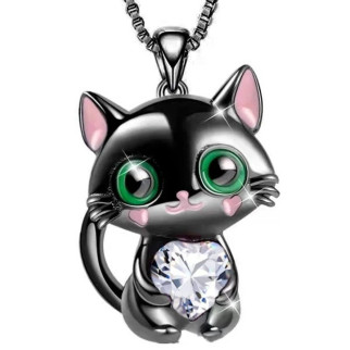 Ланцюжок з кулоном милий чорний котик із білим сердечком фіанітом та зеленими очима - Інтернет-магазин спільних покупок ToGether