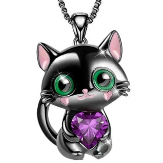 Ланцюжок з кулоном милий чорний котик із фіолетовим сердечком фіанітом та зеленими очима - Інтернет-магазин спільних покупок ToGether