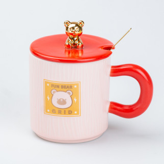 Чашка з кришкою та ложкою 300 мл керамічна Ведмедик Рожева - Інтернет-магазин спільних покупок ToGether