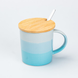 Чашка з бамбуковою кришкою та ложкою керамічна 350 мл Блакитна - Інтернет-магазин спільних покупок ToGether