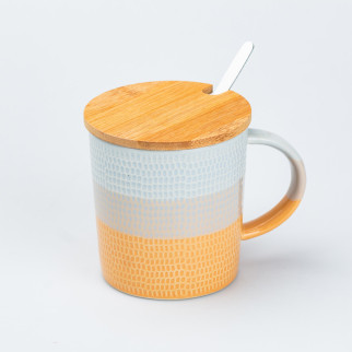 Чашка з бамбуковою кришкою та ложкою керамічна 350 мл Помаранчева - Інтернет-магазин спільних покупок ToGether