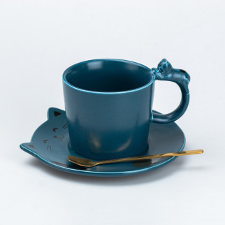 Чашка з блюдцем та ложкою керамічна 250 мл Кошеня Синя - Інтернет-магазин спільних покупок ToGether