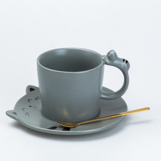 Чашка з блюдцем та ложкою керамічна 250 мл "Кошеня" Сіра - Інтернет-магазин спільних покупок ToGether