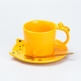 Чашка з блюдцем та ложкою керамічна 250 мл "Кошеня" Жовта - Інтернет-магазин спільних покупок ToGether