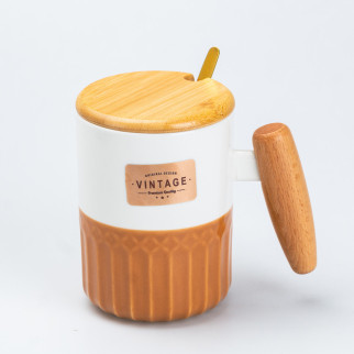 Чашка керамічна з бамбуковою кришкою та ручкою 400 мл Коричнева - Інтернет-магазин спільних покупок ToGether