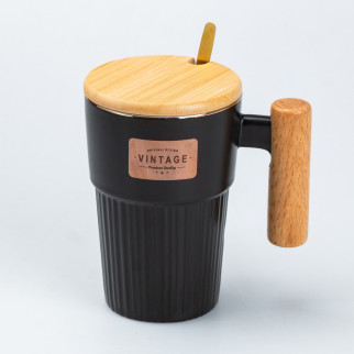 Чашка керамічна з ложкою та бамбуковою кришкою 400 мл Чорна - Інтернет-магазин спільних покупок ToGether