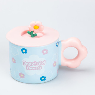 Чашка з кришкою 300 мл керамічна "Квітка" Блакитна - Інтернет-магазин спільних покупок ToGether